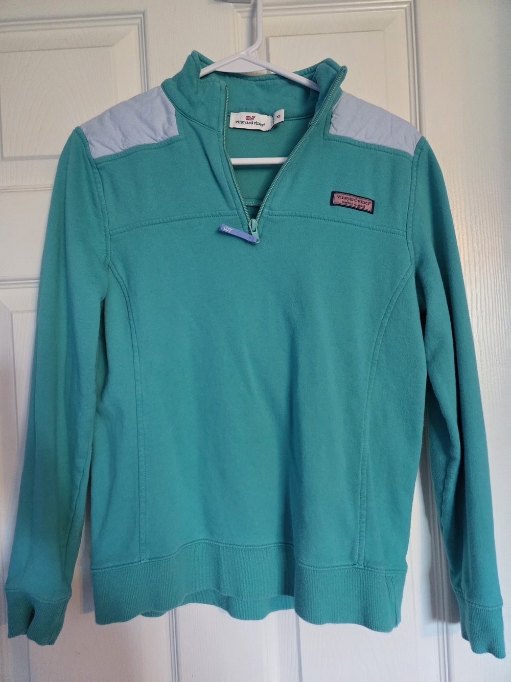 Vineyard Vines Teal Pullover Quarter-Zip with Light Blue Shoulder Panels